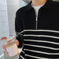 RT No. 5400 KNITTED BLACK STRIPED HALF-ZIP SWEATER